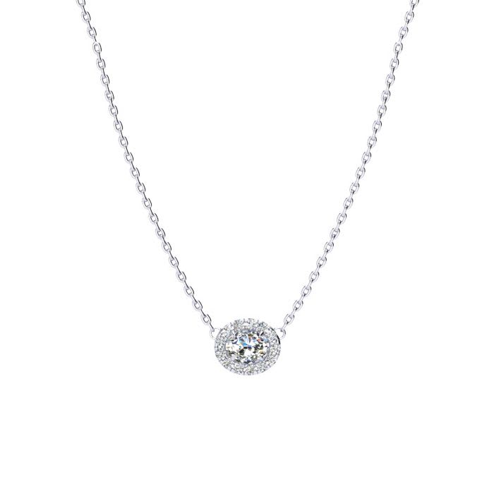 1/4 Carat Oval Shape Halo Diamond Necklace In 14K White Gold