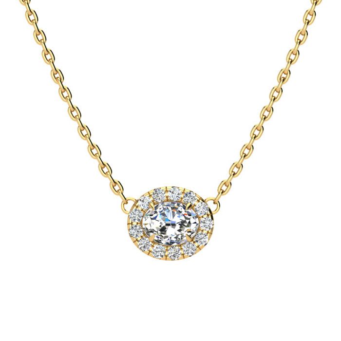 1/4 Carat Oval Shape Halo Diamond Necklace In 14K Yellow Gold