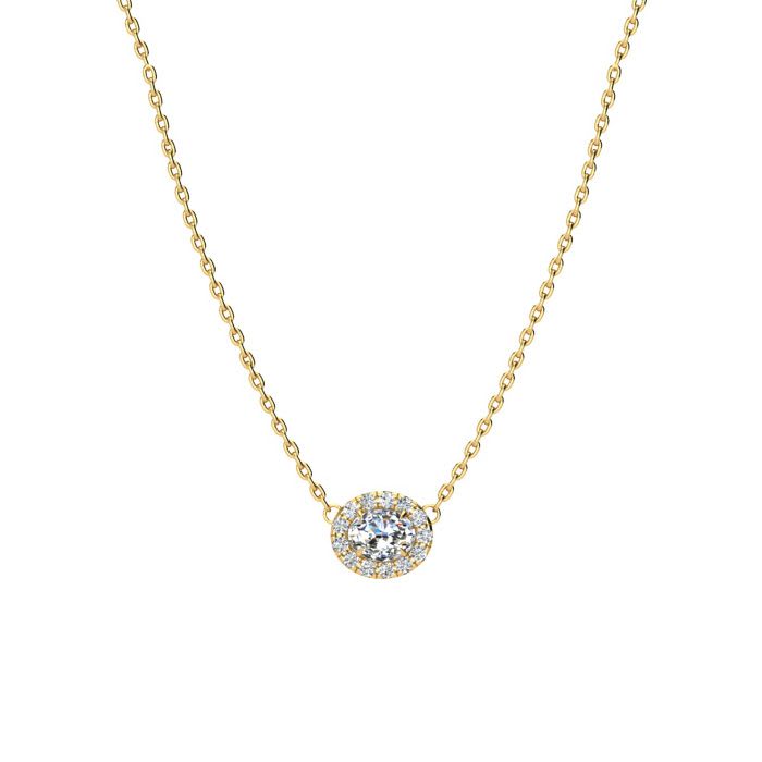 1/4 Carat Oval Shape Halo Diamond Necklace In 14K Yellow Gold