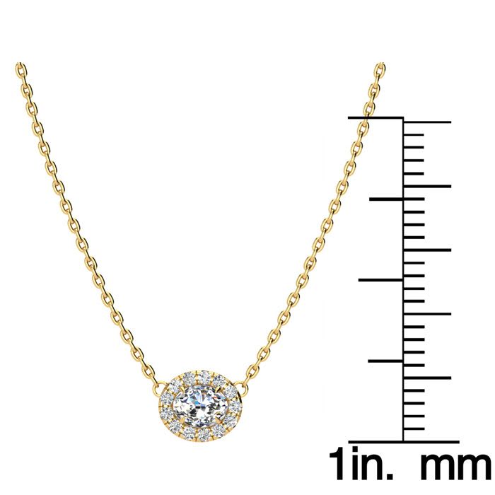 1/4 Carat Oval Shape Halo Diamond Necklace In 14K Yellow Gold