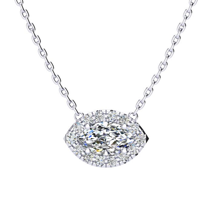 1/2 Carat Marquise Shape Halo Diamond Necklace In 14K White Gold