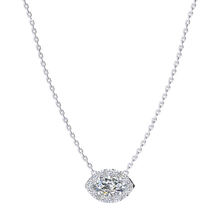 1/2 Carat Marquise Shape Halo Diamond Necklace In 14K White Gold