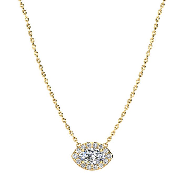 1/2 Carat Marquise Shape Halo Diamond Necklace In 14K Yellow Gold