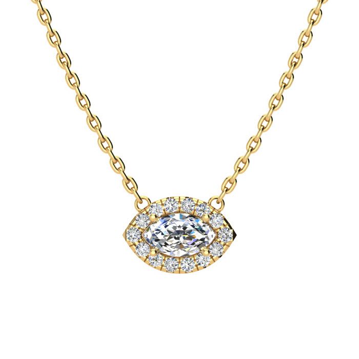 1/3 Carat Marquise Shape Halo Diamond Necklace In 14K Yellow Gold