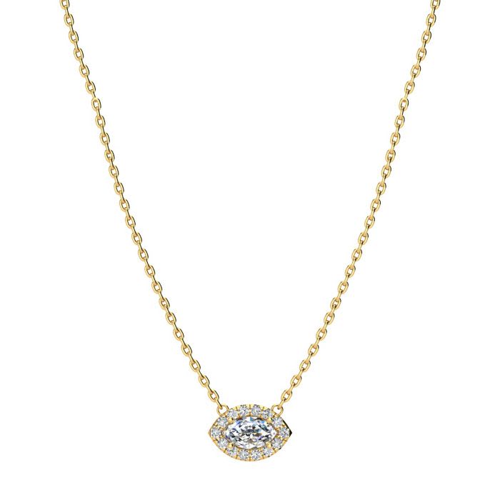 1/3 Carat Marquise Shape Halo Diamond Necklace In 14K Yellow Gold
