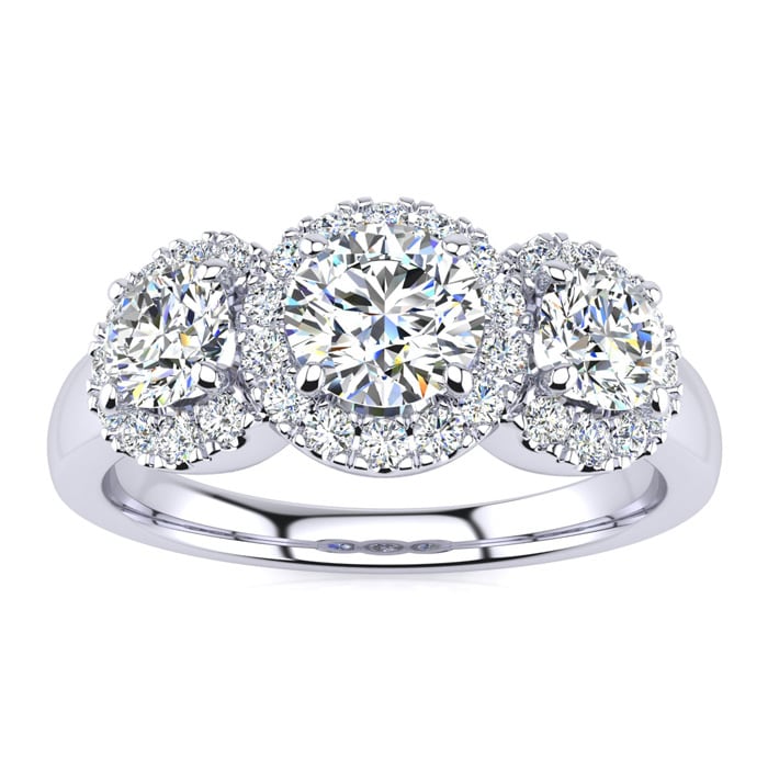1 Carat Round Shape Halo Diamond Three Stone Ring In 14K White Gold