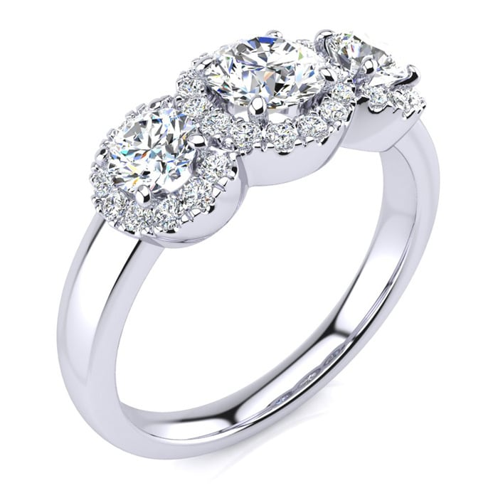 1 Carat Round Shape Halo Diamond Three Stone Ring In 14K White Gold
