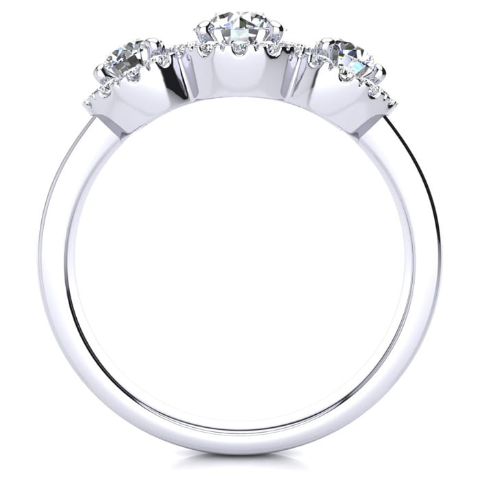 1 Carat Round Shape Halo Diamond Three Stone Ring In 14K White Gold