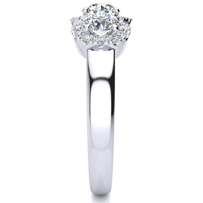 1 Carat Round Shape Halo Diamond Three Stone Ring In 14K White Gold