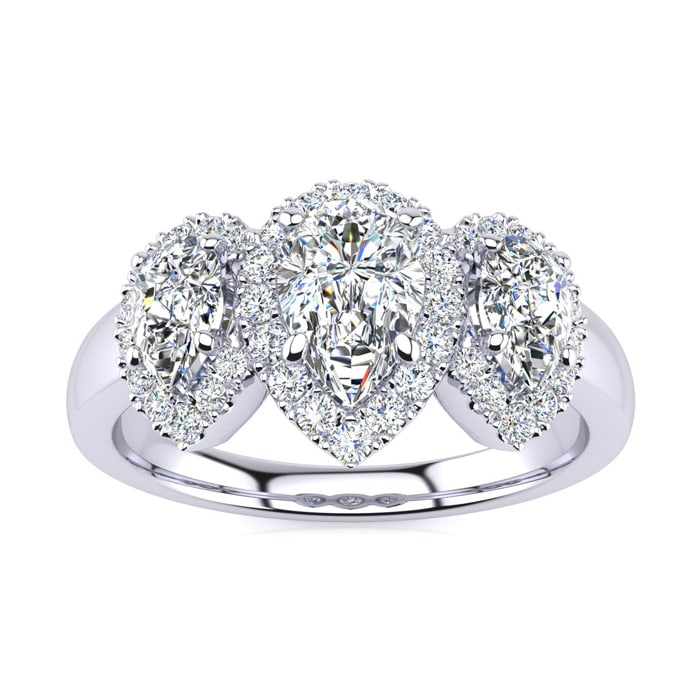 1 Carat Pear Shape Halo Diamond Three Stone Ring In 14K White Gold