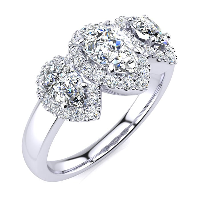1 Carat Pear Shape Halo Diamond Three Stone Ring In 14K White Gold