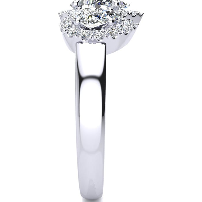 1 Carat Pear Shape Halo Diamond Three Stone Ring In 14K White Gold
