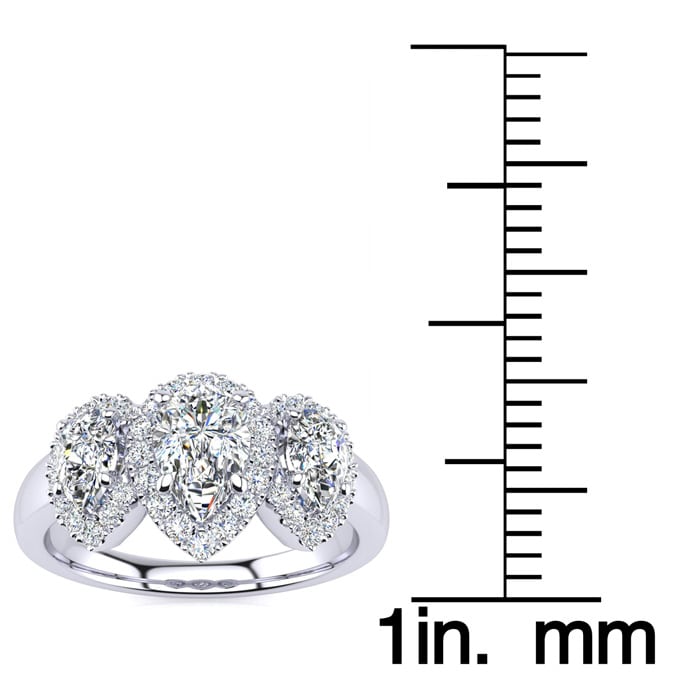 1 Carat Pear Shape Halo Diamond Three Stone Ring In 14K White Gold
