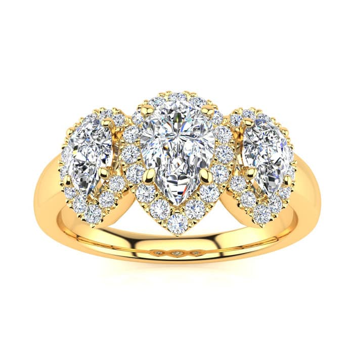 1 Carat Pear Shape Halo Diamond Three Stone Ring In 14K Yellow Gold