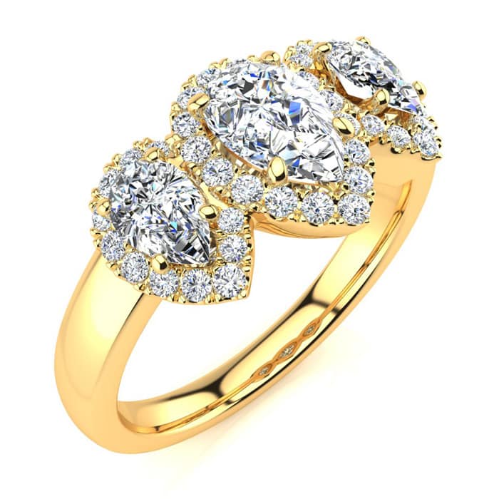 1 Carat Pear Shape Halo Diamond Three Stone Ring In 14K Yellow Gold