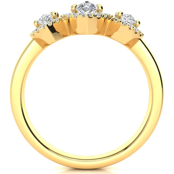 1 Carat Pear Shape Halo Diamond Three Stone Ring In 14K Yellow Gold