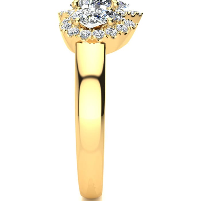 1 Carat Pear Shape Halo Diamond Three Stone Ring In 14K Yellow Gold