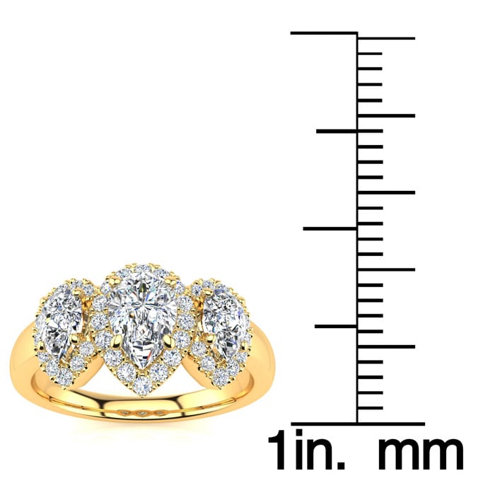1 Carat Pear Shape Halo Diamond Three Stone Ring In 14K Yellow Gold