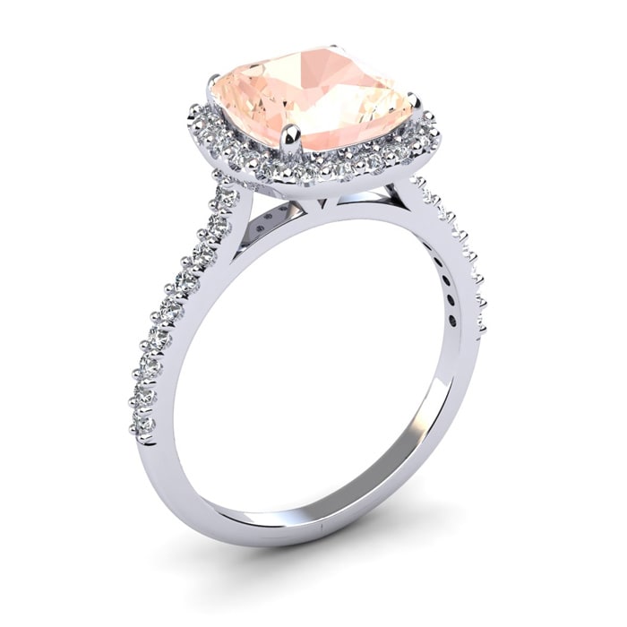 3 1/2 Carat Cushion Cut Morganite and Halo Diamond Ring In 14K White Gold, SIZE 4.5
