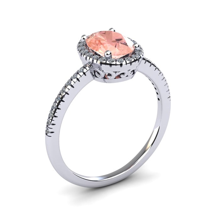 1 1/3 Carat Oval Shape Morganite and Halo Diamond Ring In 14 Karat White Gold, Size 5