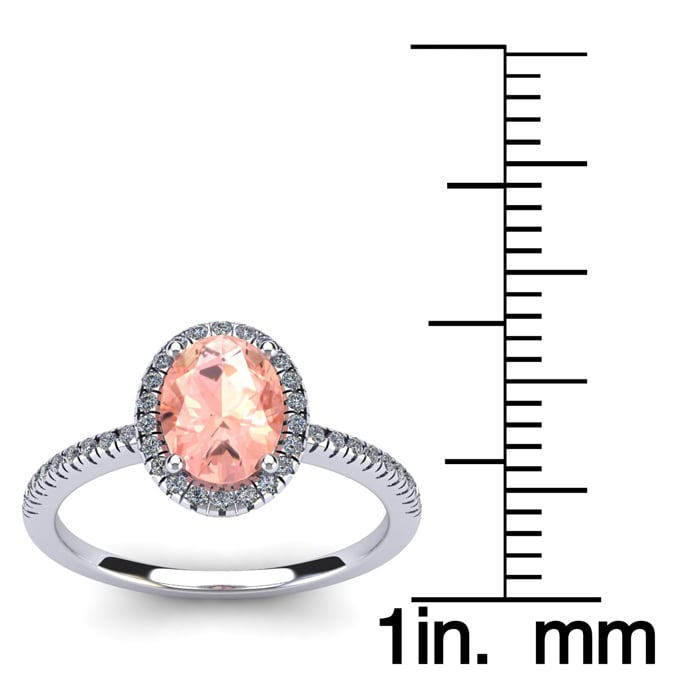 1 1/3 Carat Oval Shape Morganite and Halo Diamond Ring In 14 Karat White Gold, Size 5