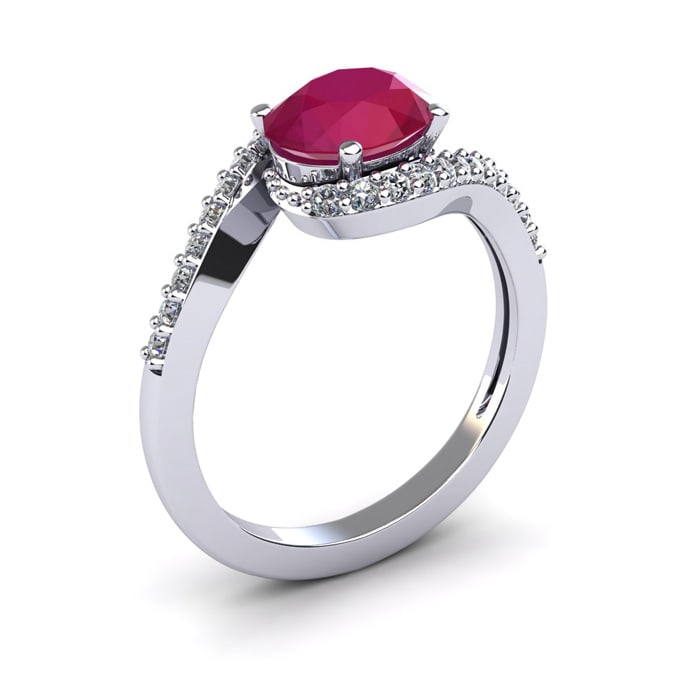 1 3/4 Carat Oval Shape Ruby and Halo Diamond Ring In 14 Karat White Gold