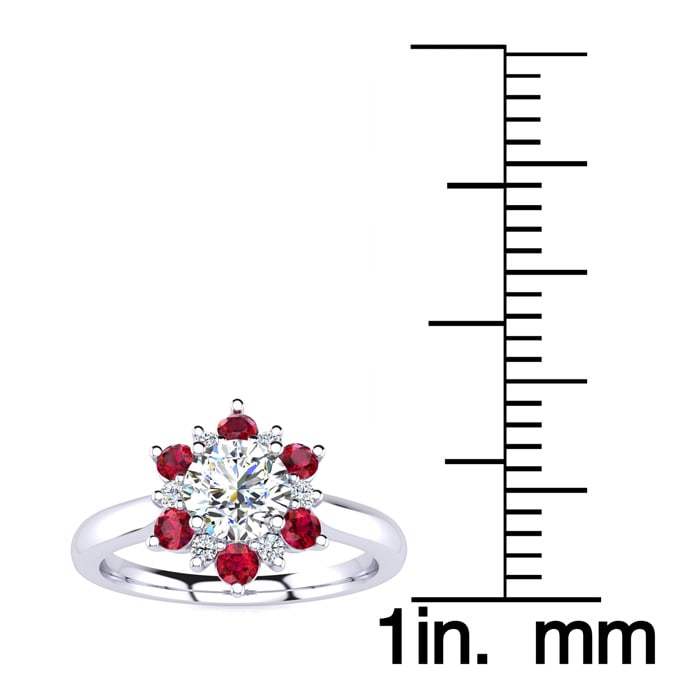 1 1/2 Carat Round Shape Flower Halo Ruby and Diamond Engagement Ring In 14K White Gold