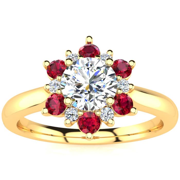 1 1/2 Carat Round Shape Flower Halo Ruby and Diamond Engagement Ring In 14K Yellow Gold