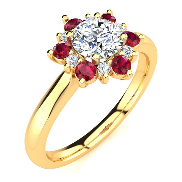 1 1/2 Carat Round Shape Flower Halo Ruby and Diamond Engagement Ring In 14K Yellow Gold