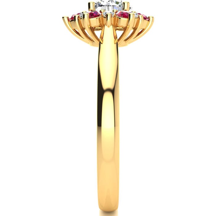 1 1/2 Carat Round Shape Flower Halo Ruby and Diamond Engagement Ring In 14K Yellow Gold