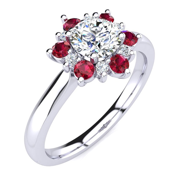 1 1/2 Carat Round Shape Flower Halo Ruby and Diamond Engagement Ring In 14K White Gold