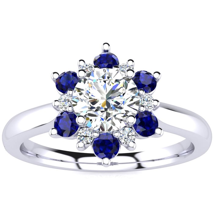 1 1/2 Carat Round Shape Flower Halo Sapphire and Diamond Engagement Ring In 14K White Gold