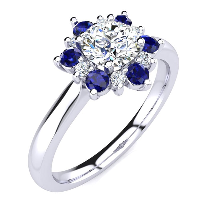1 1/2 Carat Round Shape Flower Halo Sapphire and Diamond Engagement Ring In 14K White Gold