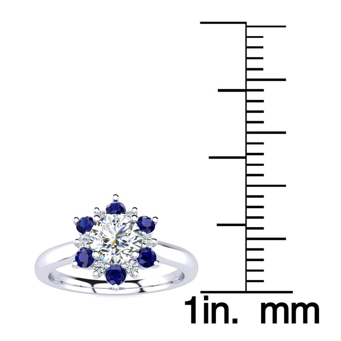 1 1/2 Carat Round Shape Flower Halo Sapphire and Diamond Engagement Ring In 14K White Gold