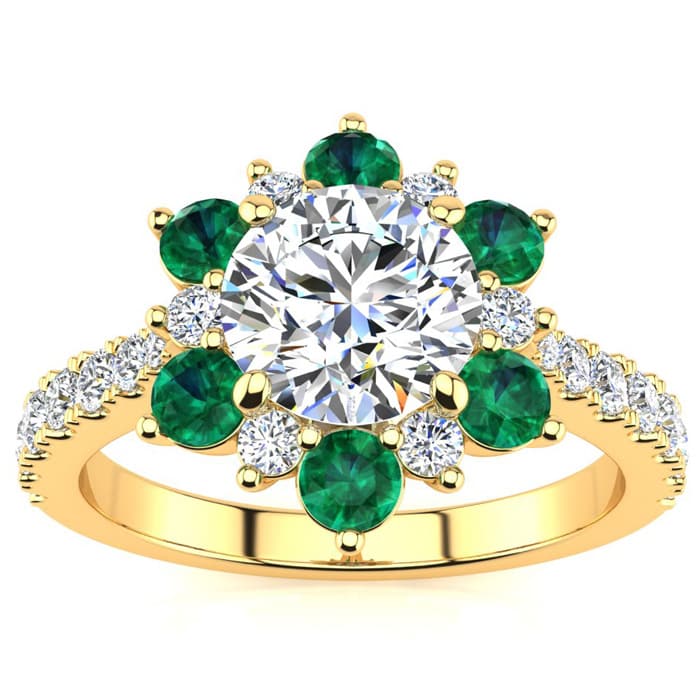 2 Carat Round Shape Flower Halo Emerald and Diamond Engagement Ring In 14K Yellow Gold