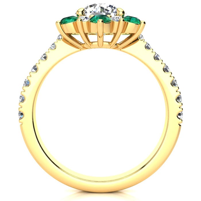 2 Carat Round Shape Flower Halo Emerald and Diamond Engagement Ring In 14K Yellow Gold