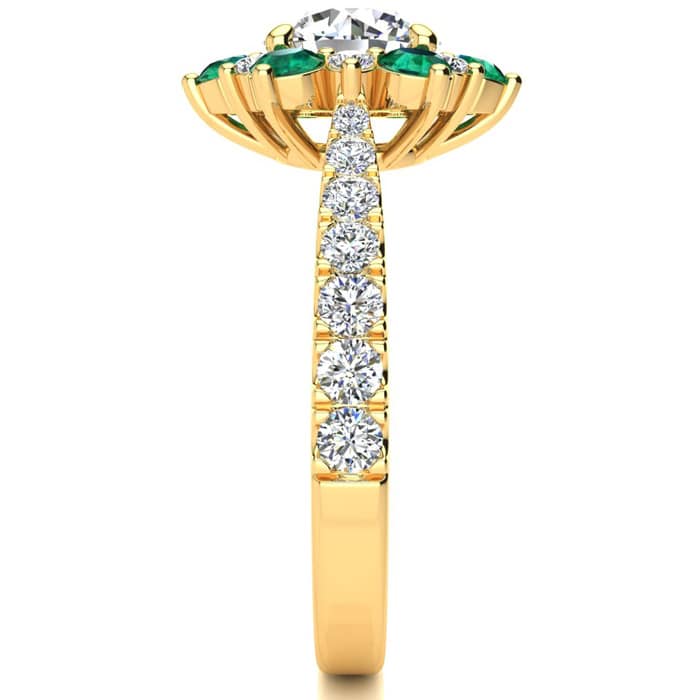 2 Carat Round Shape Flower Halo Emerald and Diamond Engagement Ring In 14K Yellow Gold