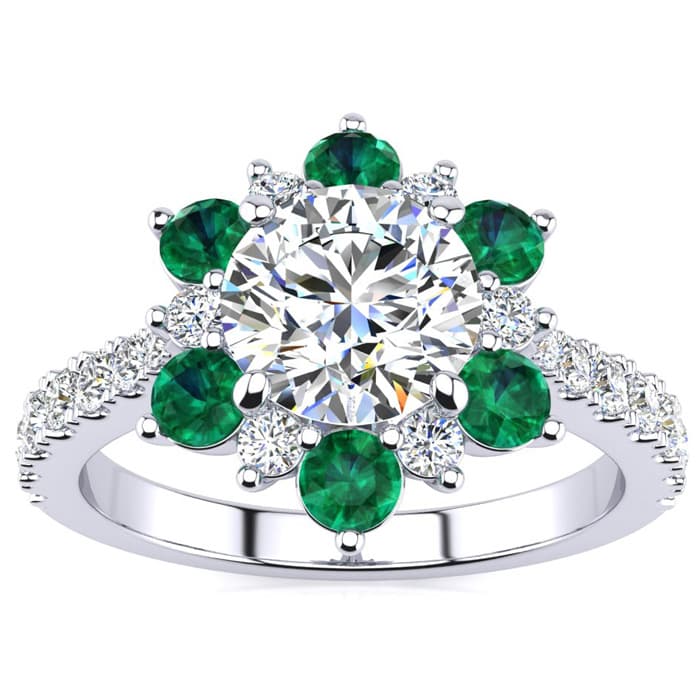 2 Carat Round Shape Flower Halo Emerald and Diamond Engagement Ring In 14K White Gold