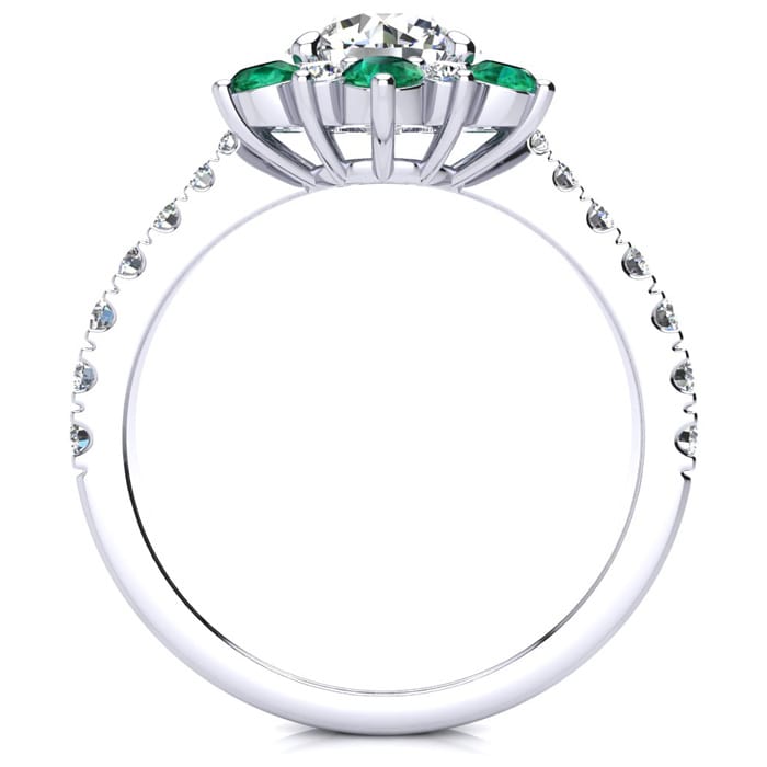 2 Carat Round Shape Flower Halo Emerald and Diamond Engagement Ring In 14K White Gold