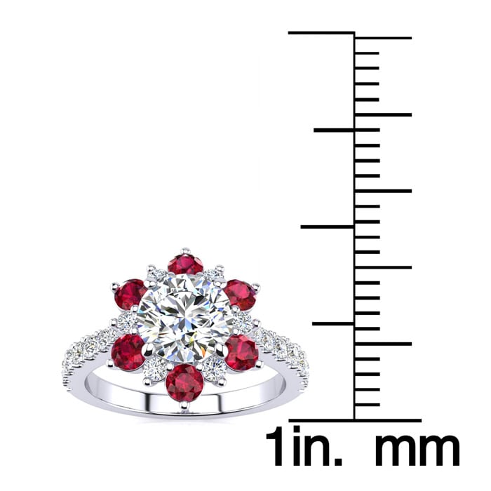2 Carat Round Shape Flower Halo Ruby and Diamond Engagement Ring In 14K White Gold