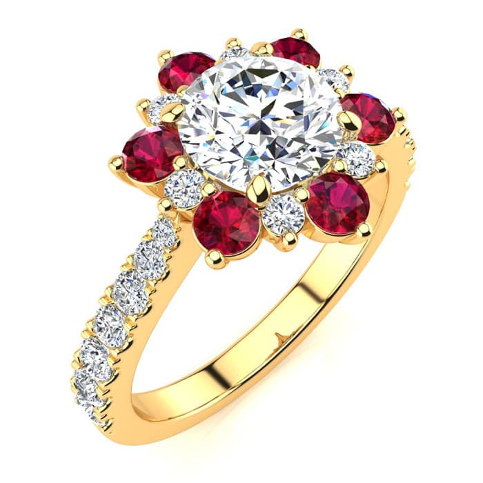 2 Carat Round Shape Flower Halo Ruby and Diamond Engagement Ring In 14K Yellow Gold