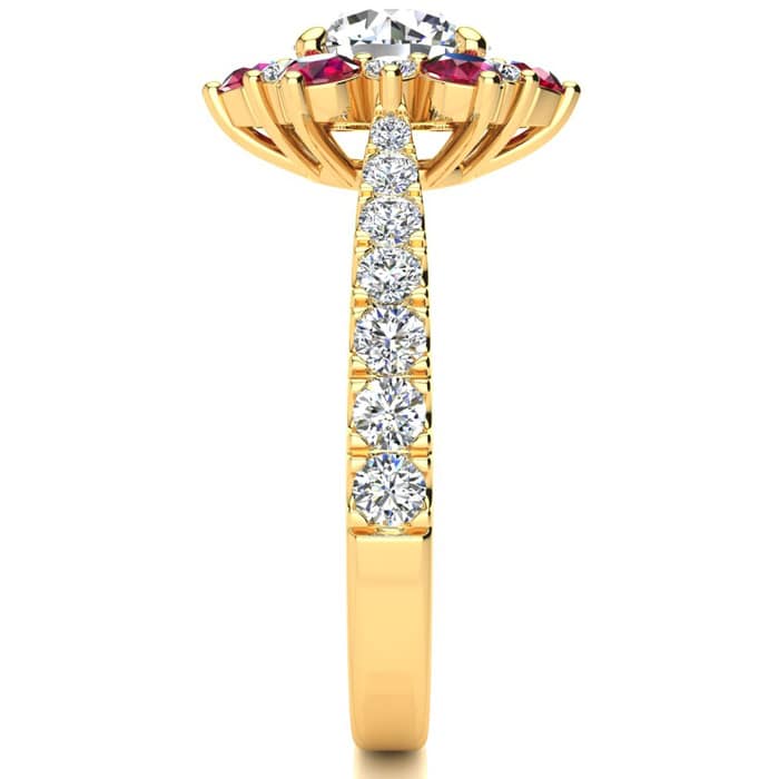 2 Carat Round Shape Flower Halo Ruby and Diamond Engagement Ring In 14K Yellow Gold