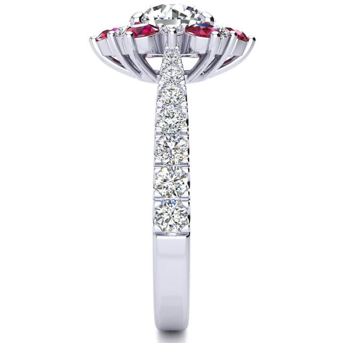 2 Carat Round Shape Flower Halo Ruby and Diamond Engagement Ring In 14K White Gold