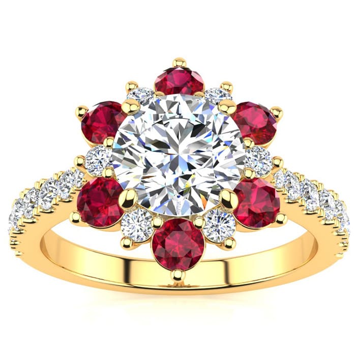 2 Carat Round Shape Flower Halo Ruby and Diamond Engagement Ring In 14K Yellow Gold