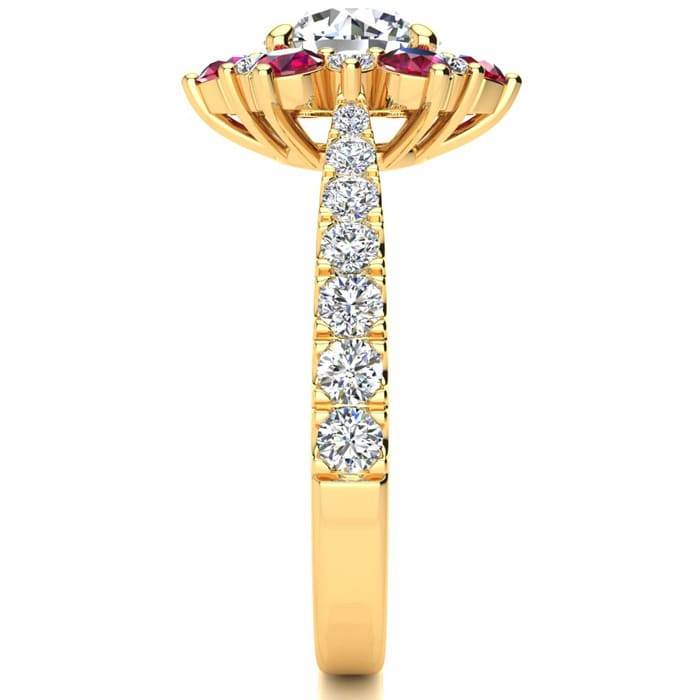 2 Carat Round Shape Flower Halo Ruby and Diamond Engagement Ring In 14K Yellow Gold