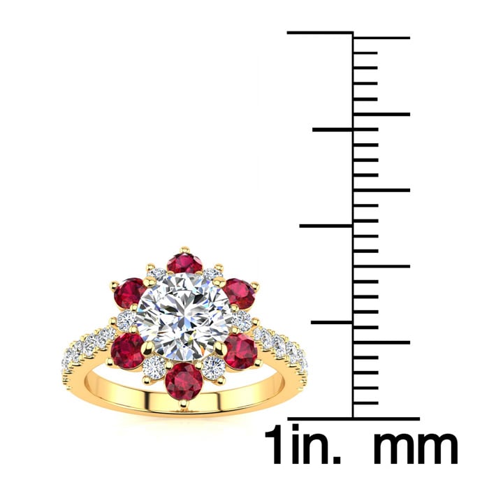 2 Carat Round Shape Flower Halo Ruby and Diamond Engagement Ring In 14K Yellow Gold