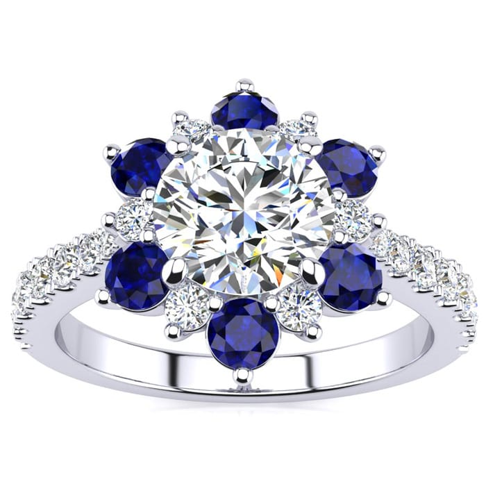 2 Carat Round Shape Flower Halo Sapphire and Diamond Engagement Ring In 14K White Gold