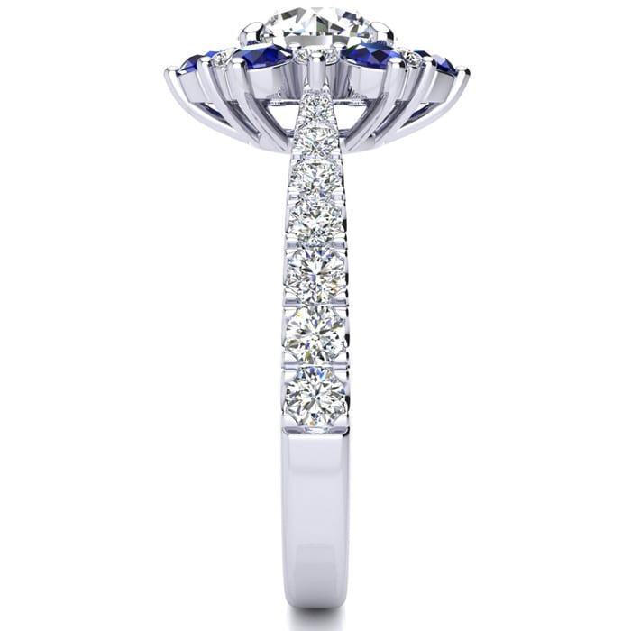 2 Carat Round Shape Flower Halo Sapphire and Diamond Engagement Ring In 14K White Gold