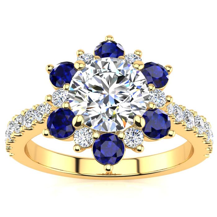 2 Carat Round Shape Flower Halo Sapphire and Diamond Engagement Ring In 14K Yellow Gold