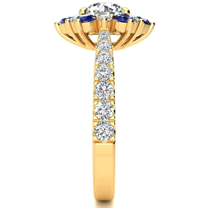2 Carat Round Shape Flower Halo Sapphire and Diamond Engagement Ring In 14K Yellow Gold